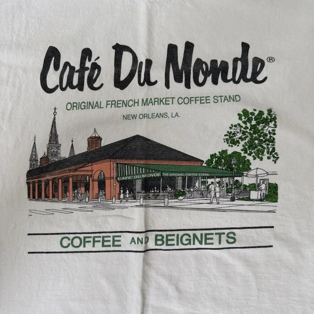 Vintage 90s Cafe Du Monde Coffee Stand New Orleans Louisiana T-Shirt L Beignets - Picture 2 of 4